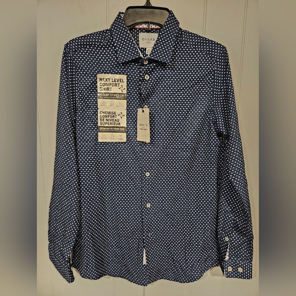 C-LAB Slim Fit Polka-dot 4Way Stretch Dress Shirt Blue Small 14-1/2 32/33 NWT